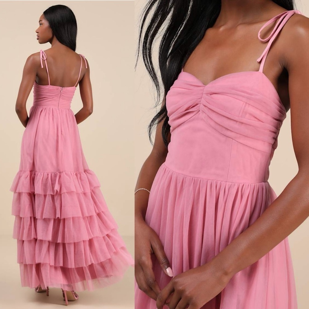 NWT Lulus Endlessly Darling Dusty Rose Mesh Tiered Tie-Strap Maxi Dress XS - Picture 2 of 10